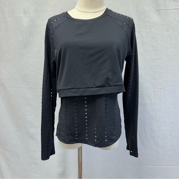 Fabletics Shelby Long-Sleeve 2 Layer Eyelet Laser Mesh Black Top Size Medium - Picture 2 of 16